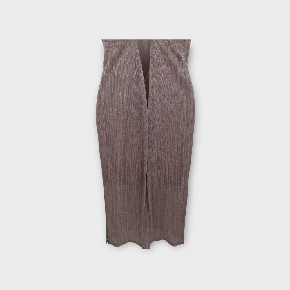 Express Dress Formal Slip Shimmer Strappy Plunging V Double Slit Midi beige M P - Picture 6 of 10